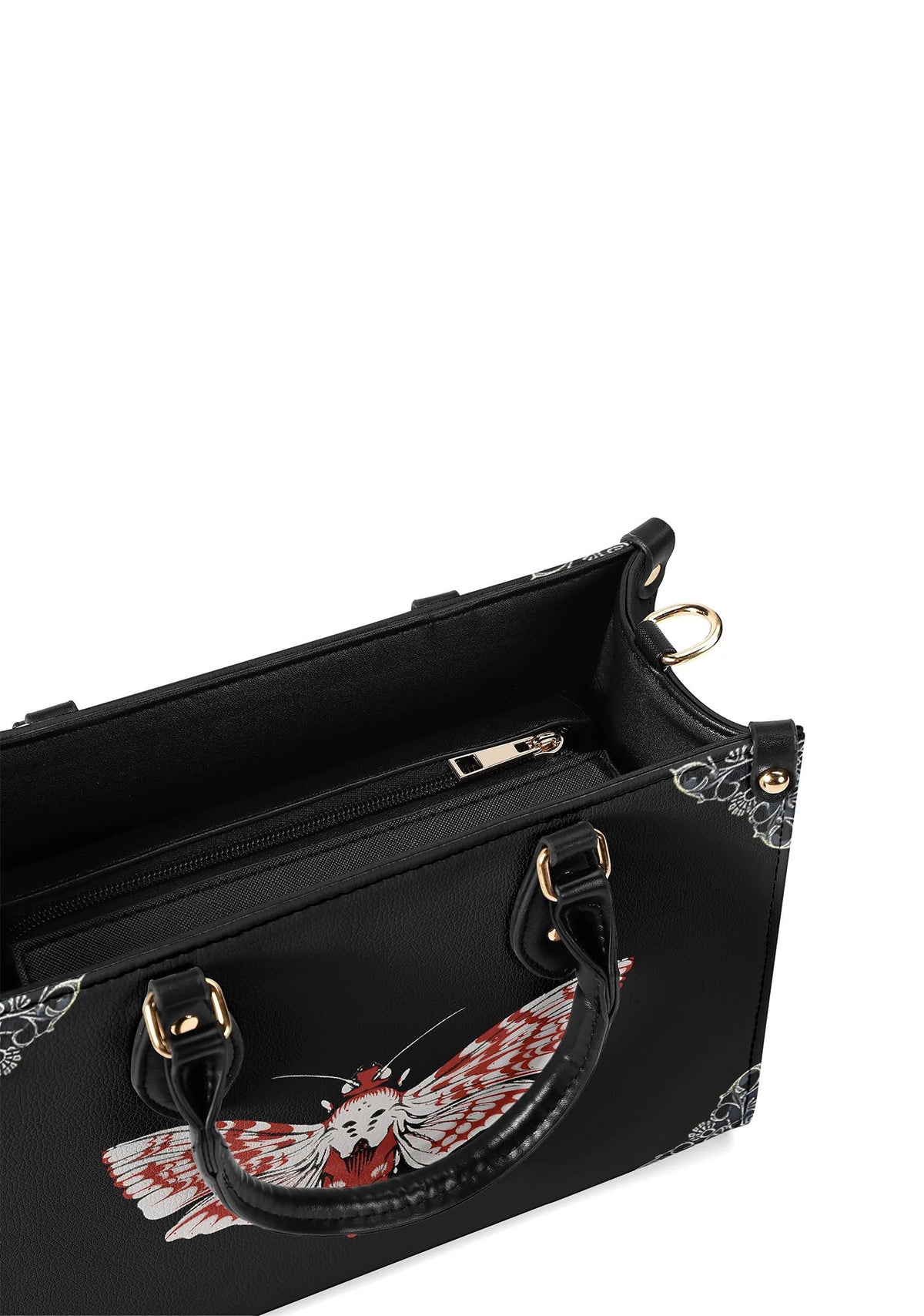 Inside view of black structured handbag with zipper and spacious interior