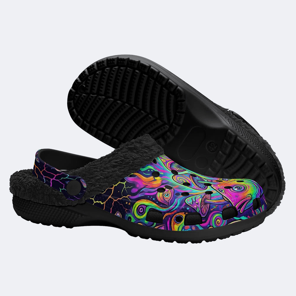 Psychedelic Neon Mushroom Fish Print Fleece-Lined Clogs