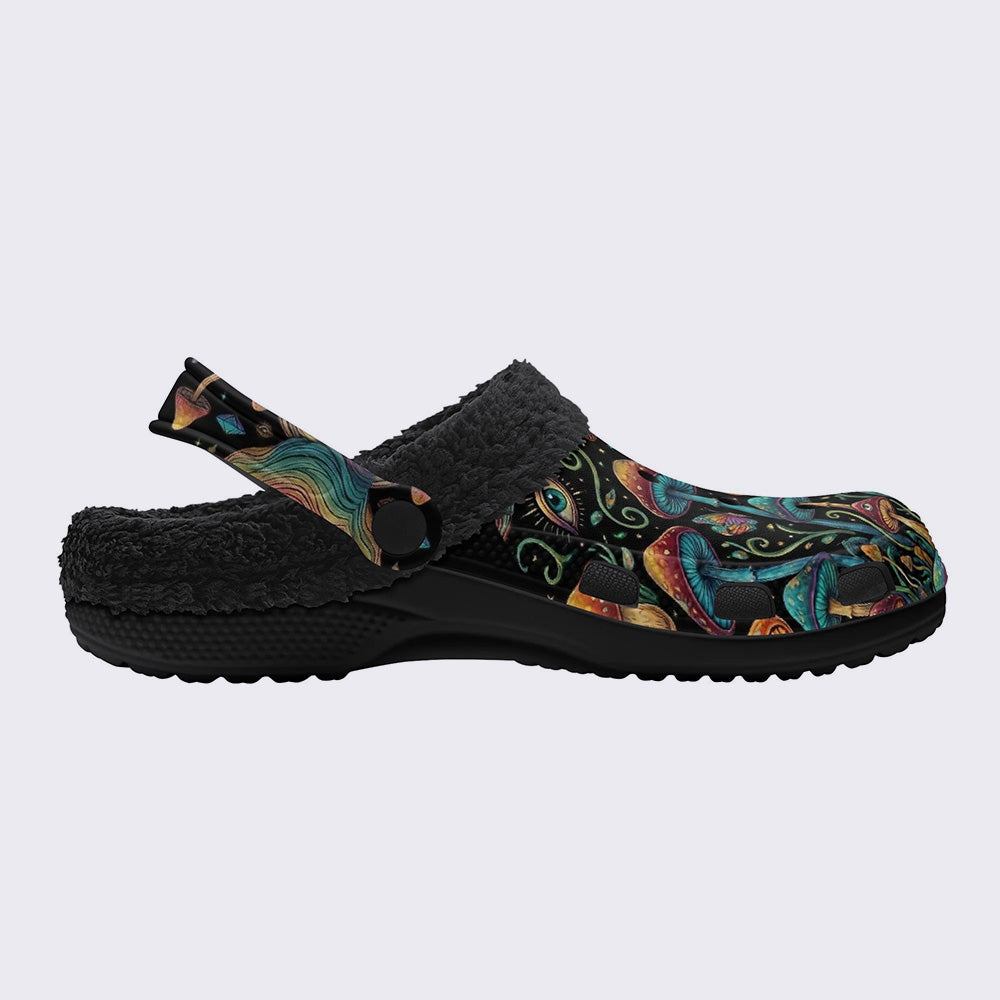 Psychedelic Mushroom Forest Moth Retro Print Fleece-Lined Clogs