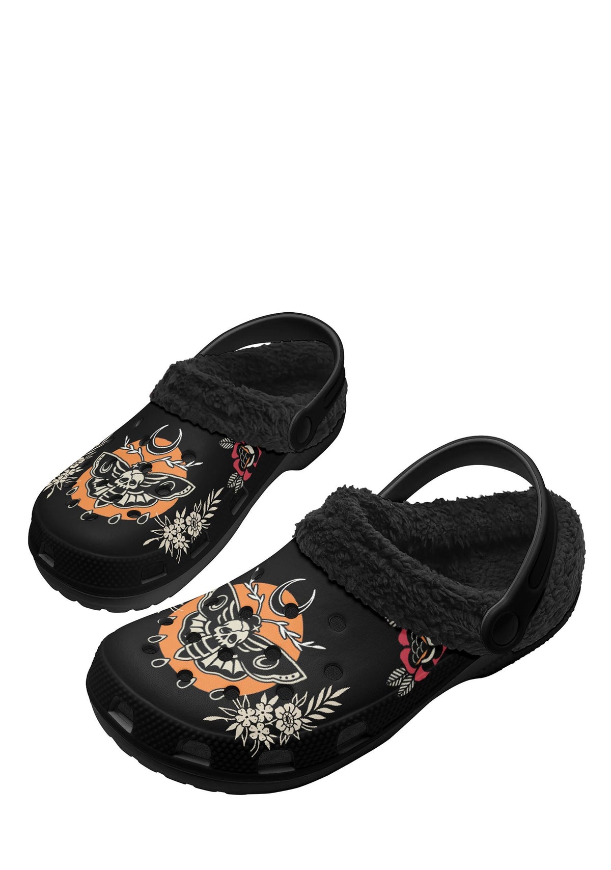 Side view of black skull moth slippers with red rose and white floral details