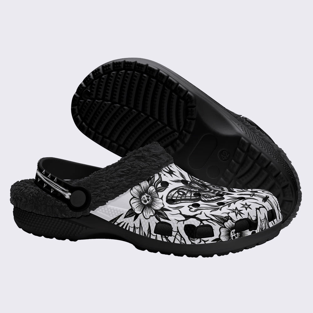 Death Moth & Skull Flower Print Fleece-Lined Clogs
