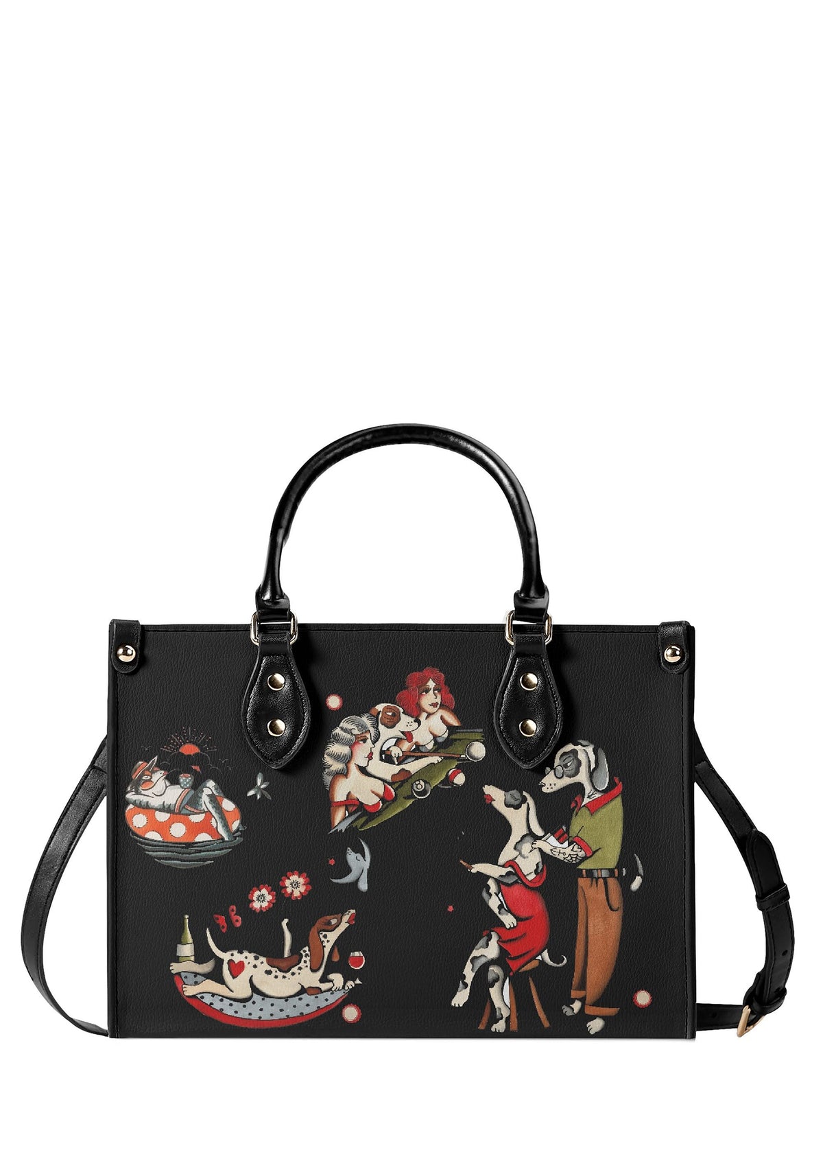 Black handbag with dancing dogs and pin-up girl tattoo art