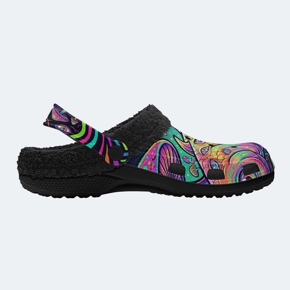 Psychedelic Neon Mushroom Fish Print Fleece-Lined Clogs