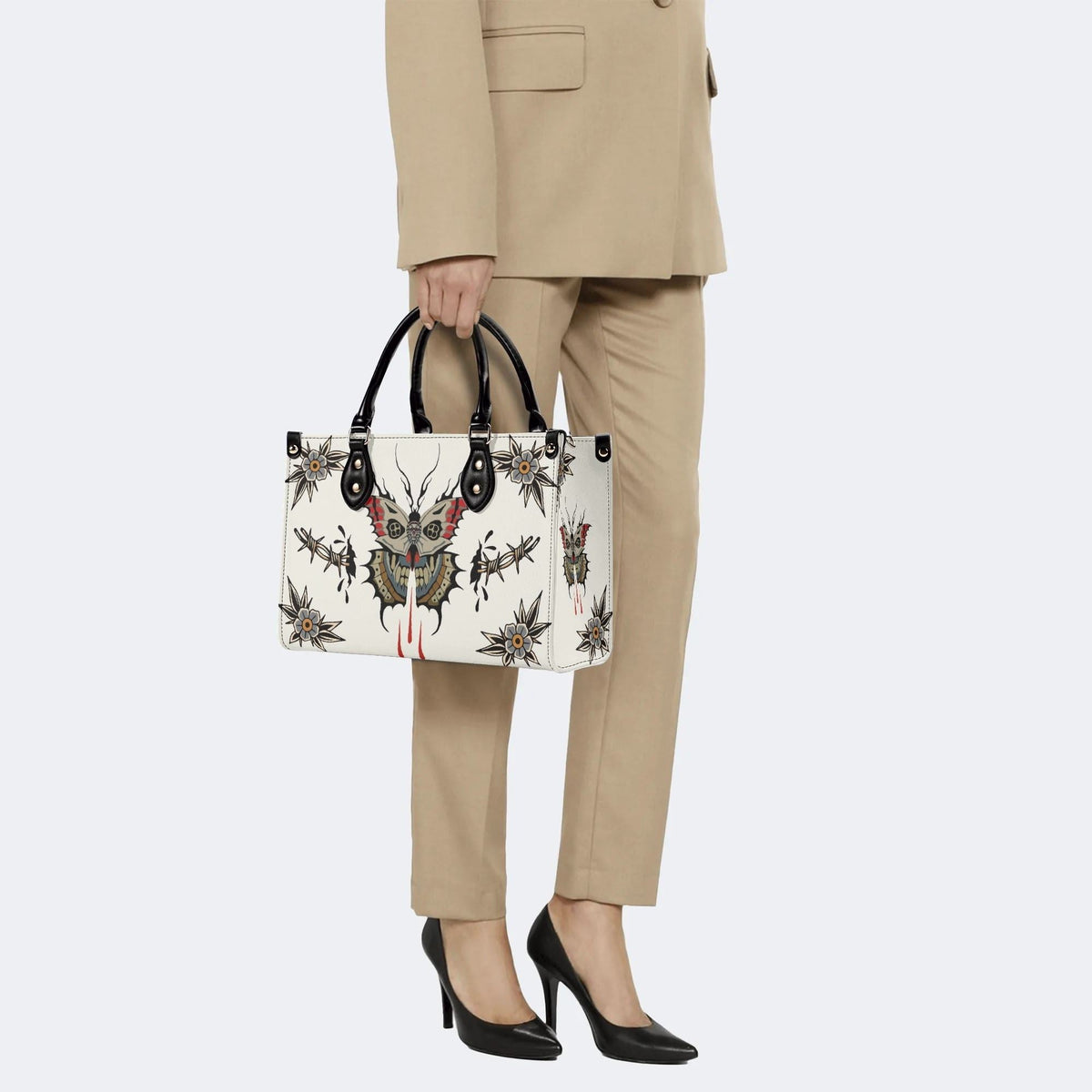 Death Moth And Flowers - Leather Handbag