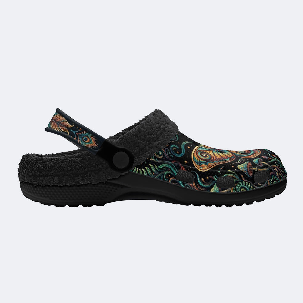 Psychedelic Mushroom Forest Moth Retro Print Fleece-Lined Clogs