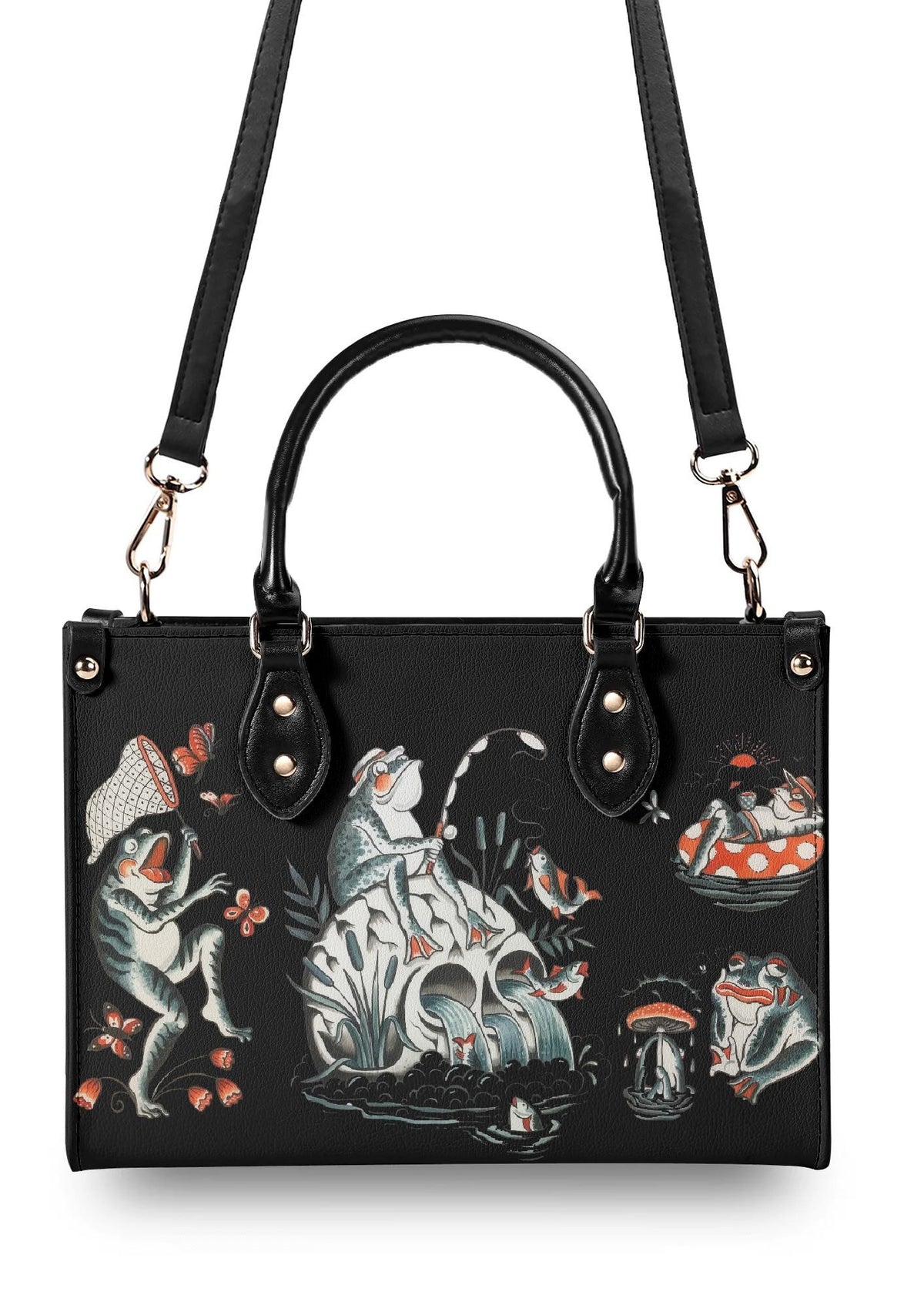 Back of black structured handbag with whimsical frogs and waterfall tattoo art