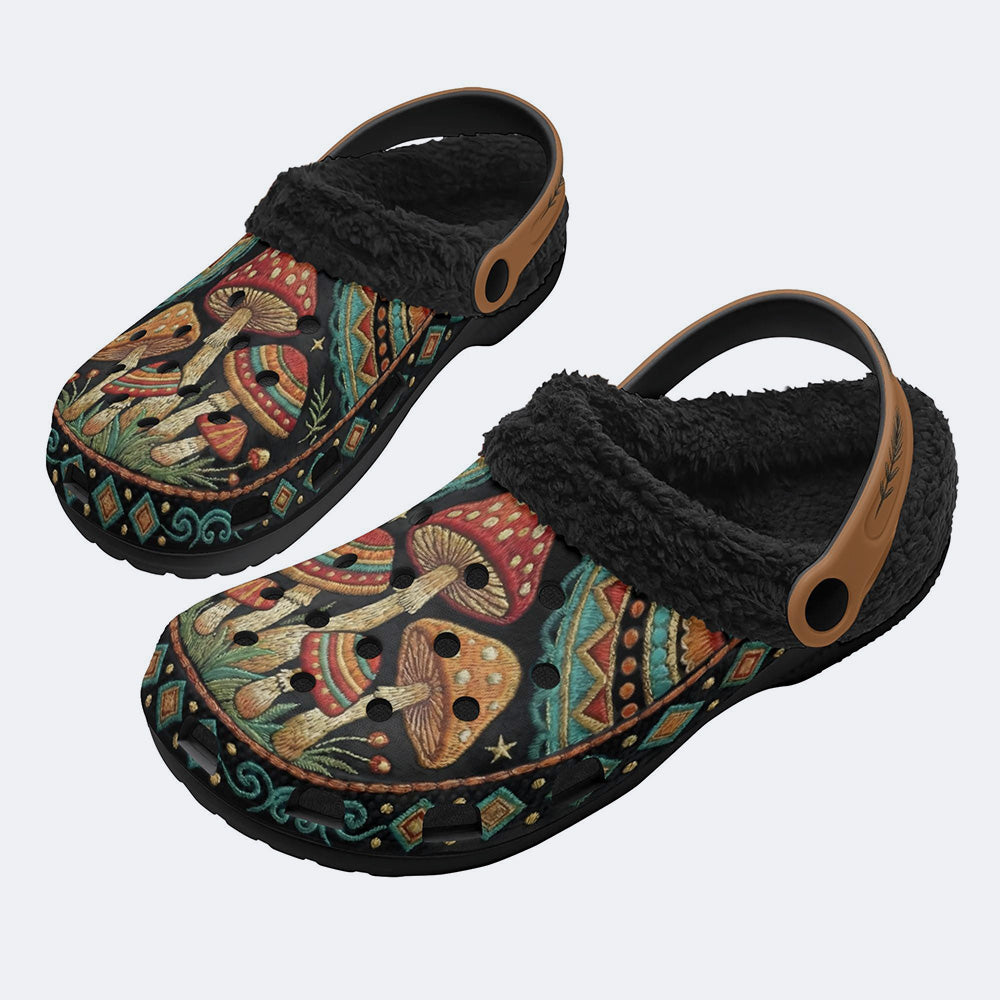 Retro Mushroom Forest Print Fleece-Lined Clogs
