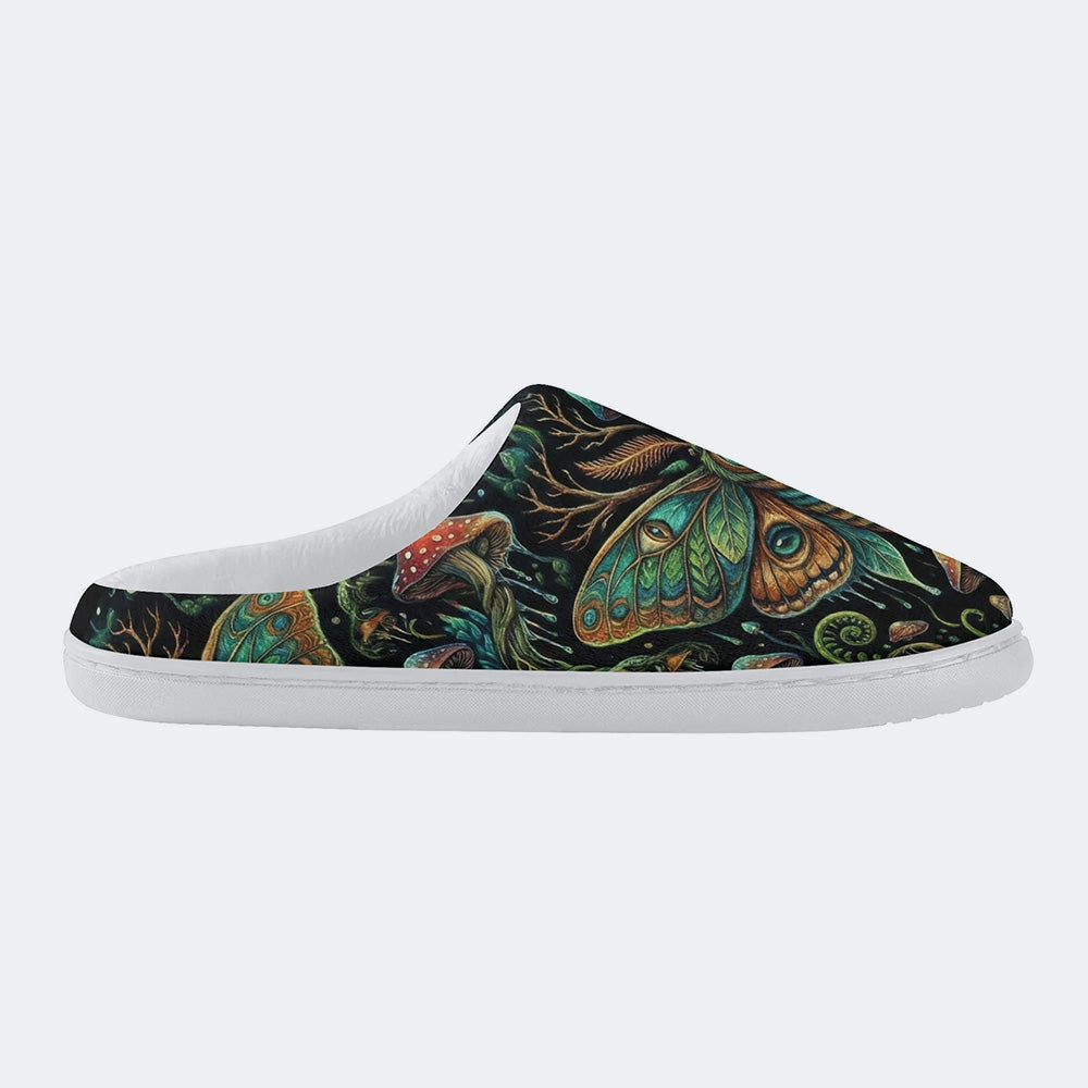 Forest Mystery Moth Print Fleece-Lined Slippers