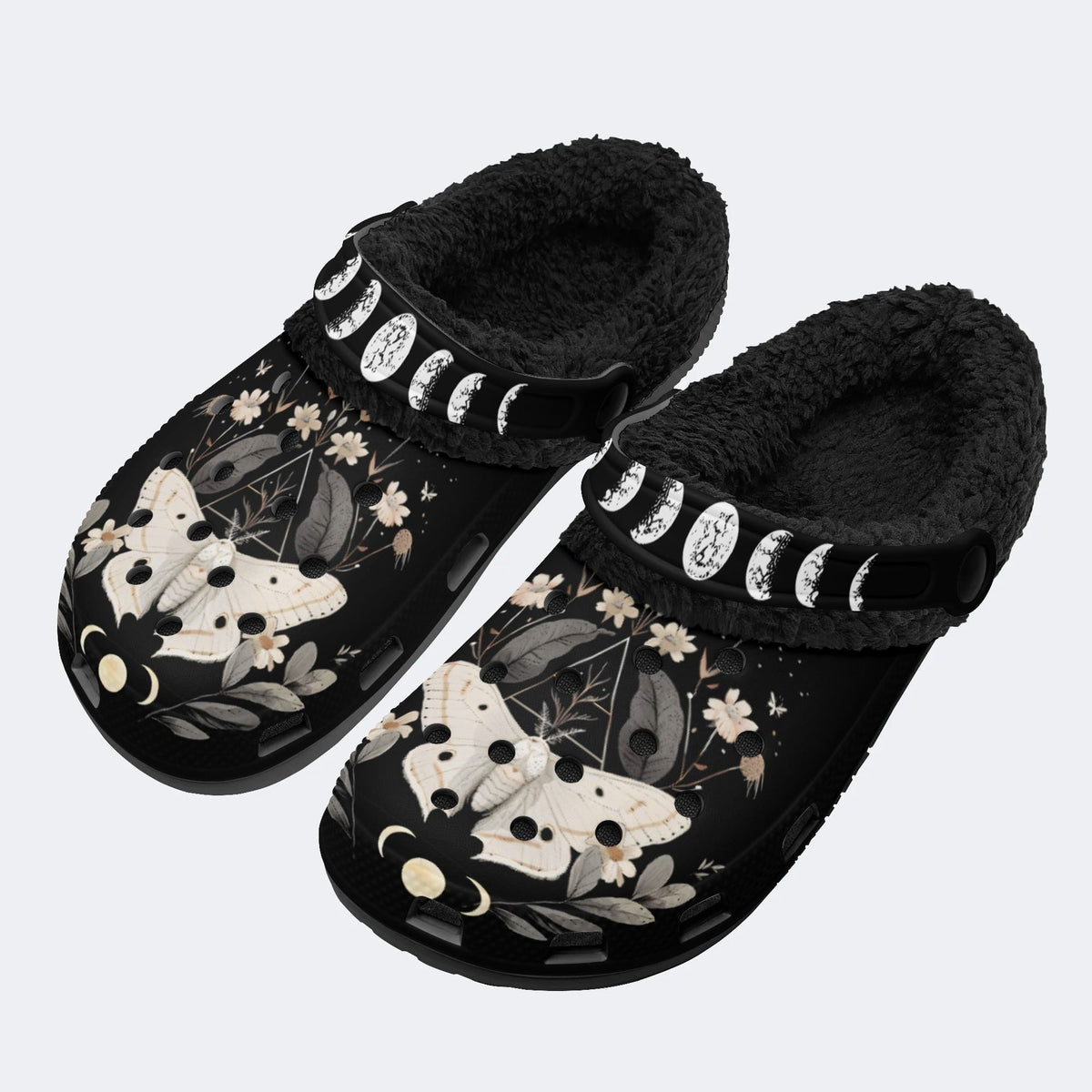 Vintage Floral Moth Print - Fur Lined Slippers/Sandals