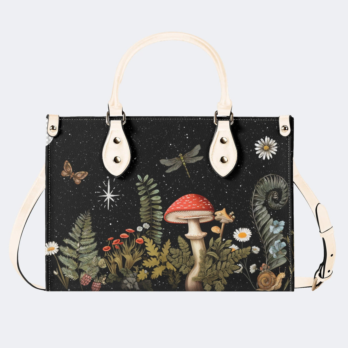 Starry Night Mushroom Moth Print - Leather Handbag