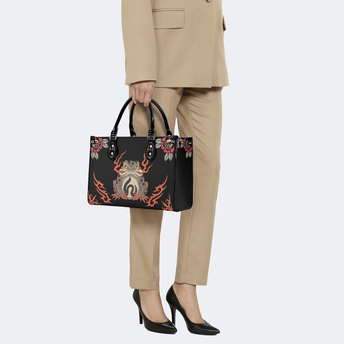 Japanese Style Frog Print - Leather Handbag