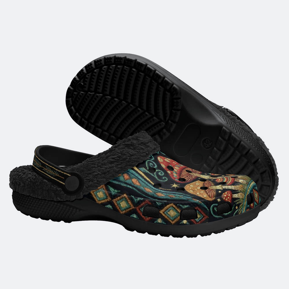 Psychedelic Retro Mushroom Forest Print Fleece-Lined Clogs