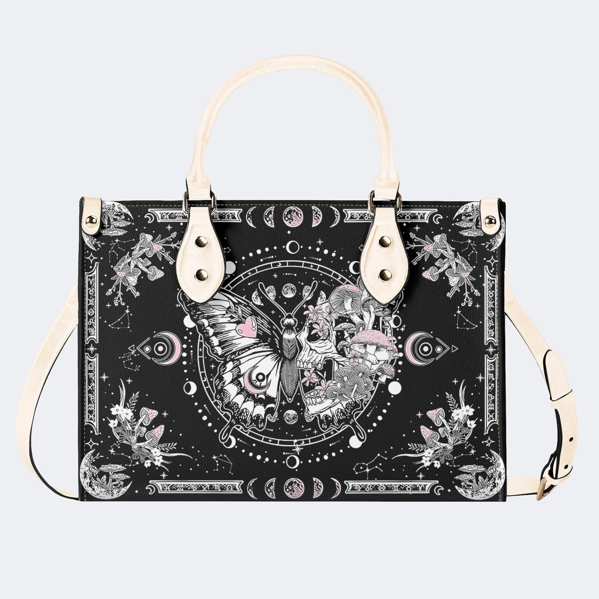 Tarot Skull Butterfly Print - Leather Handbag