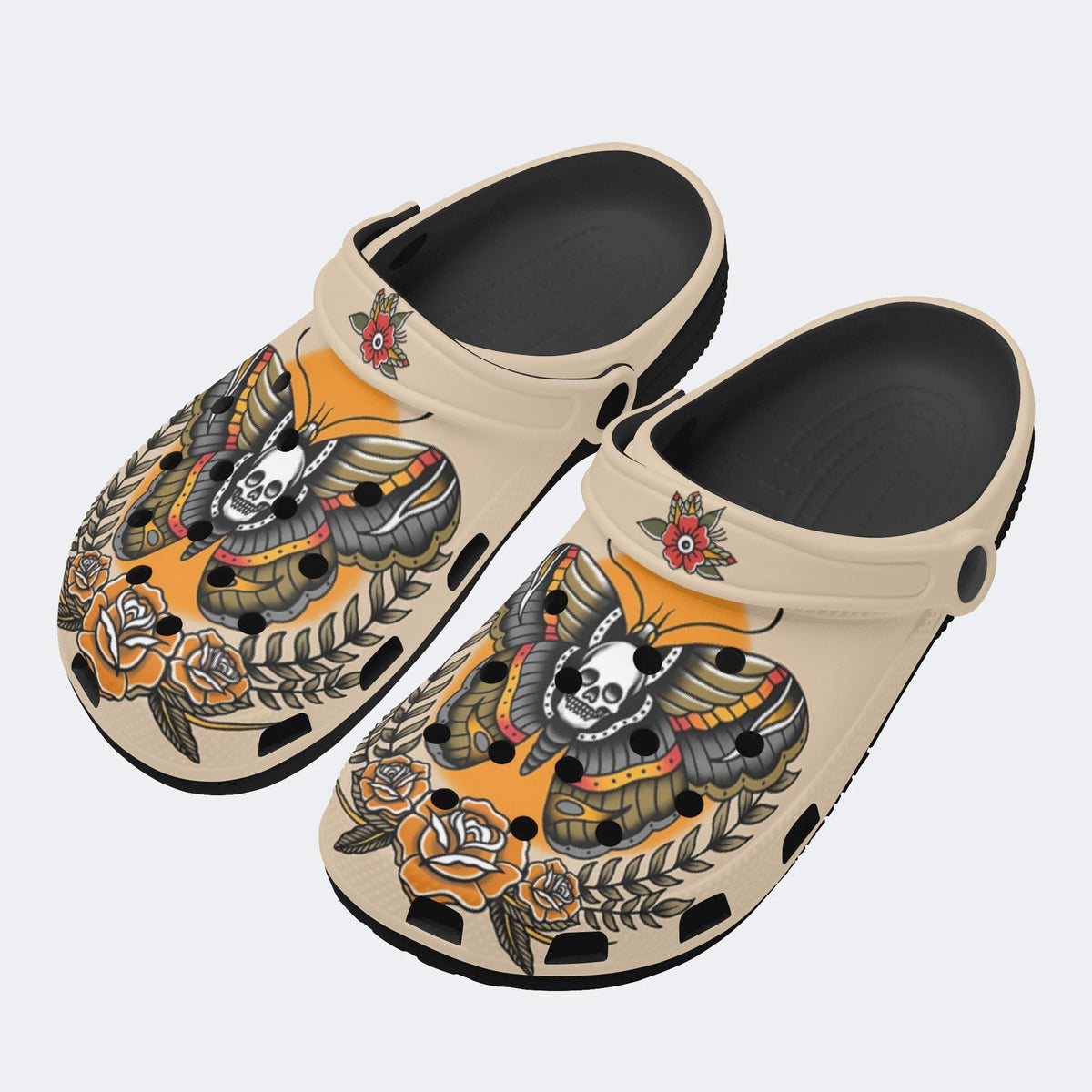 Classic Skull And Moth Print - Slippers/Sandals