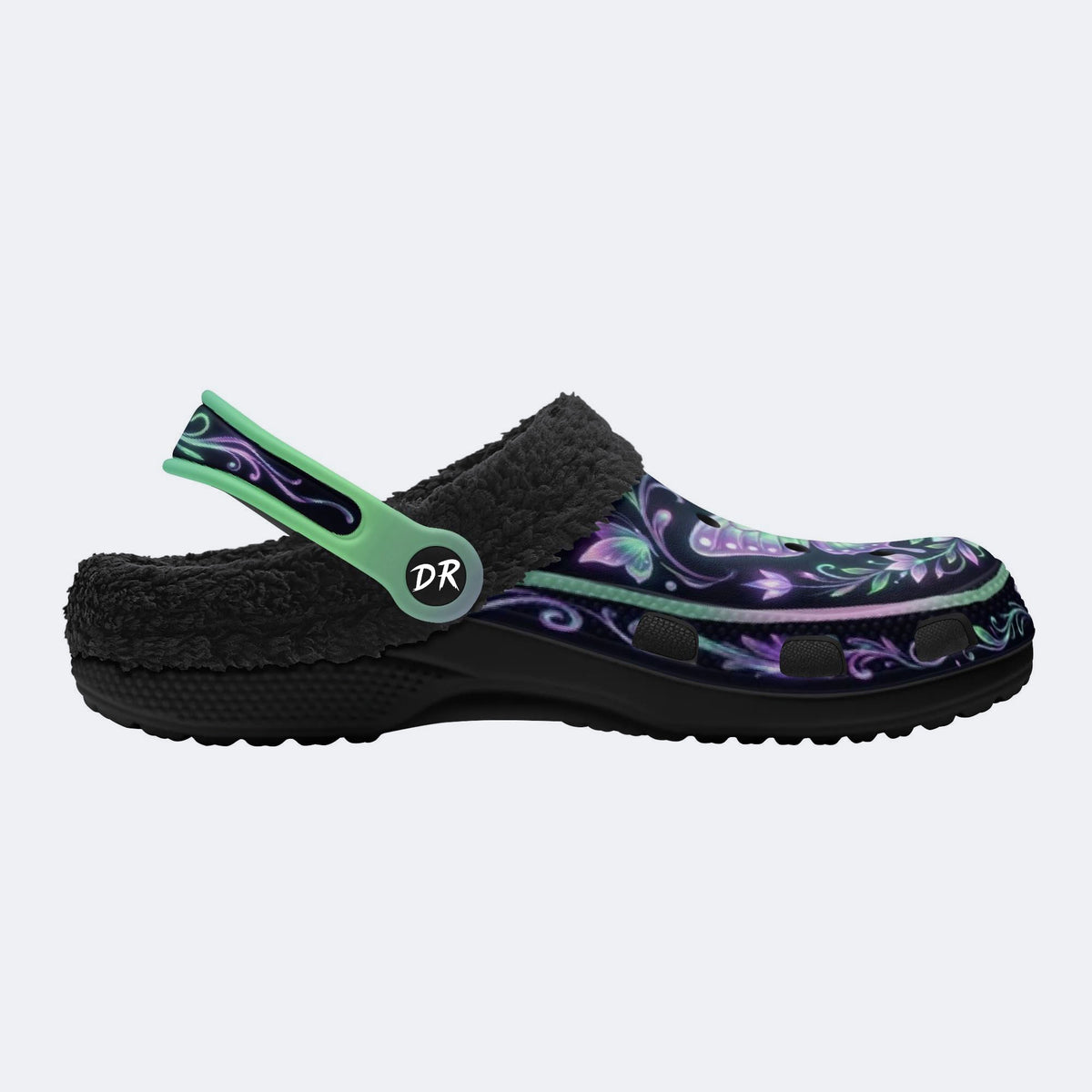 Night-lit Fluorescent Butterfly Vine Print Fleece-Lined Clogs