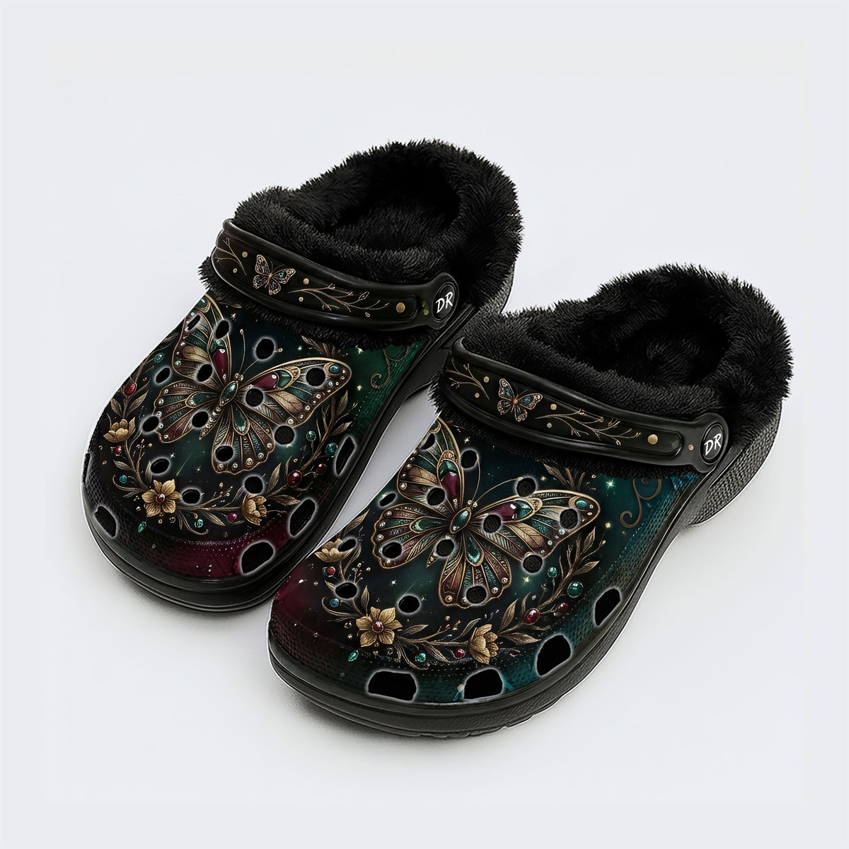 Dark Night Radiant Gem Butterfly Dance Print Fleece-Lined Clogs
