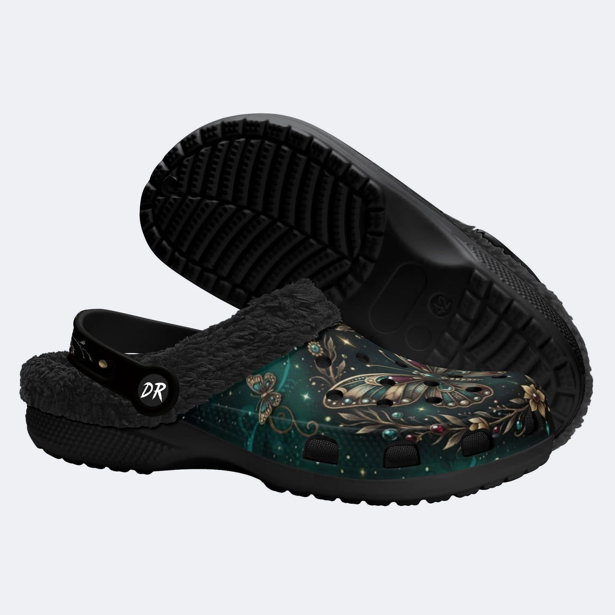Dark Night Radiant Gem Butterfly Dance Print Fleece-Lined Clogs