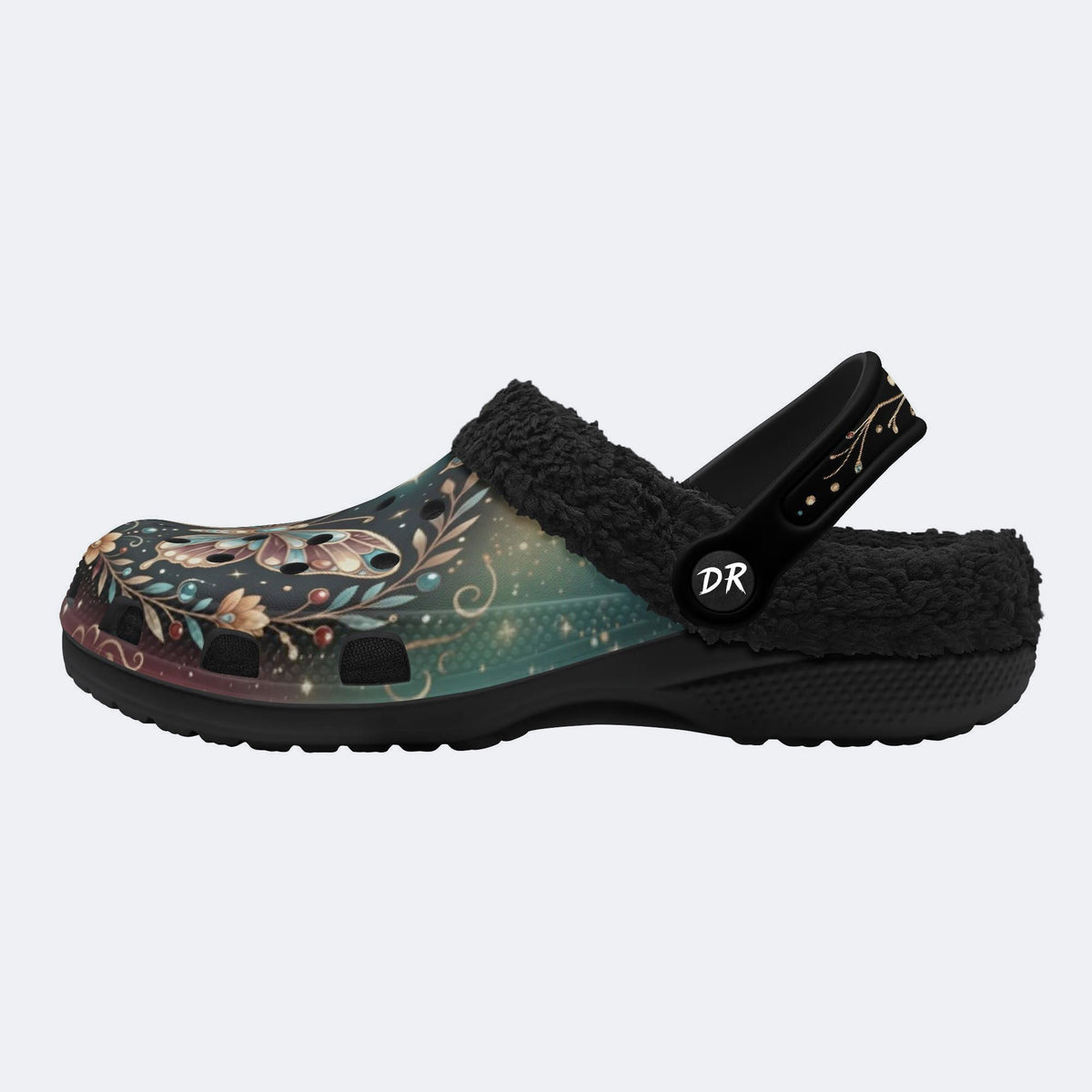 Fantasy Butterfly Flower Cluster Print Fleece-Lined Clogs