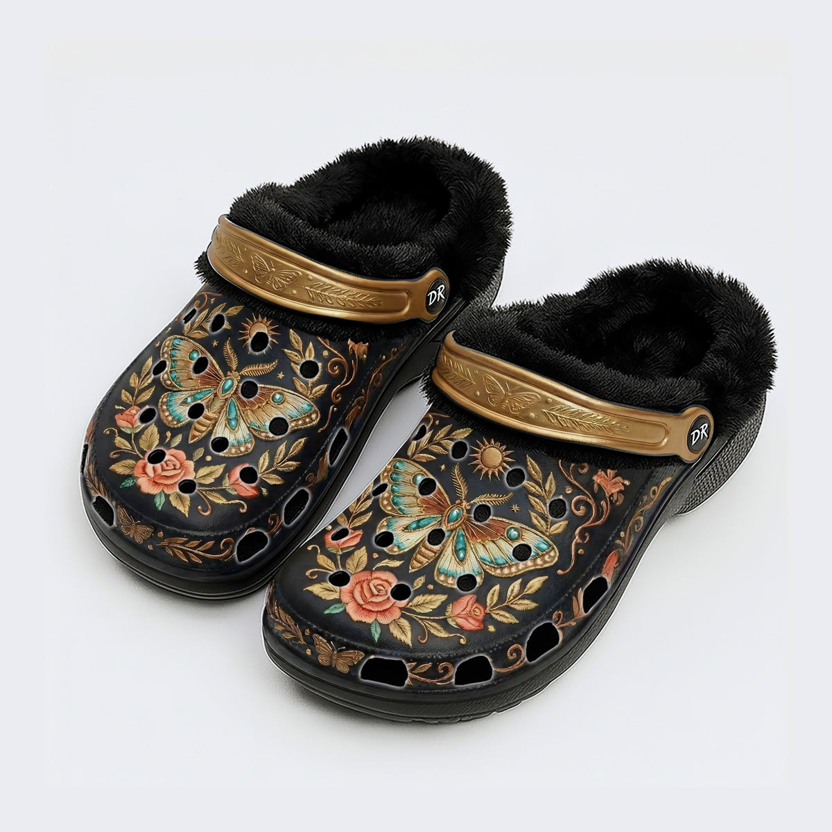 Vintage Moth Rose Print Fleece-Lined Clogs
