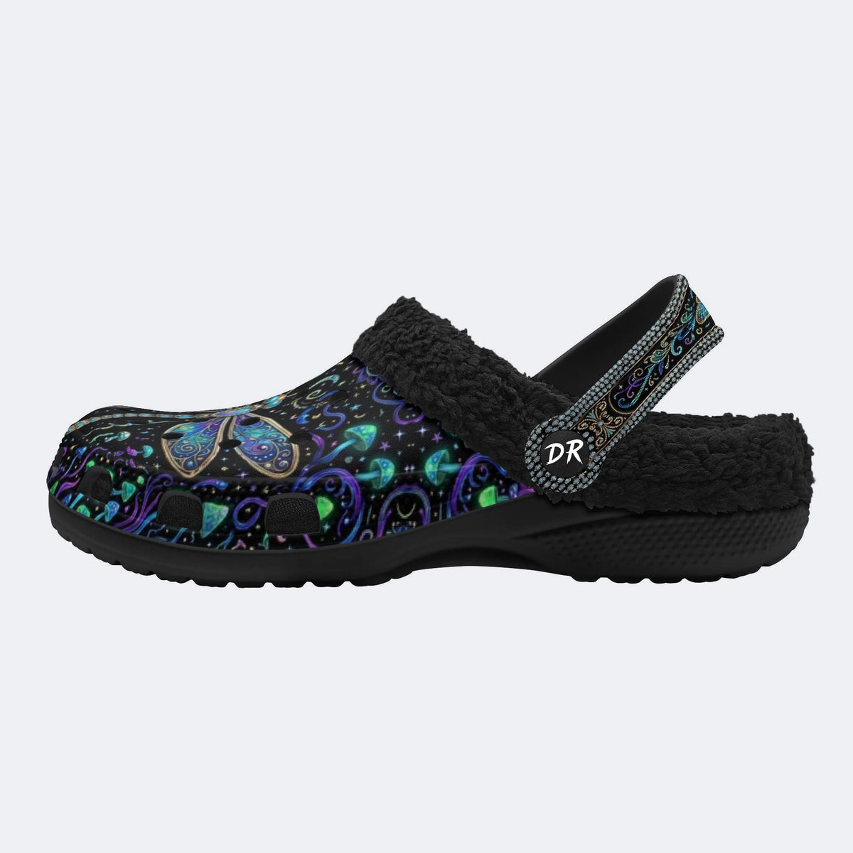 Psychedelic Jeweled Dragonfly Print Fleece-Lined Clogs