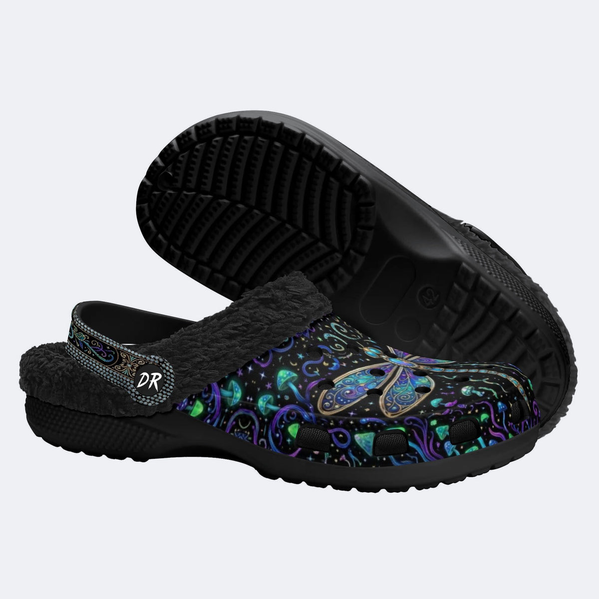 Psychedelic Jeweled Dragonfly Print Fleece-Lined Clogs