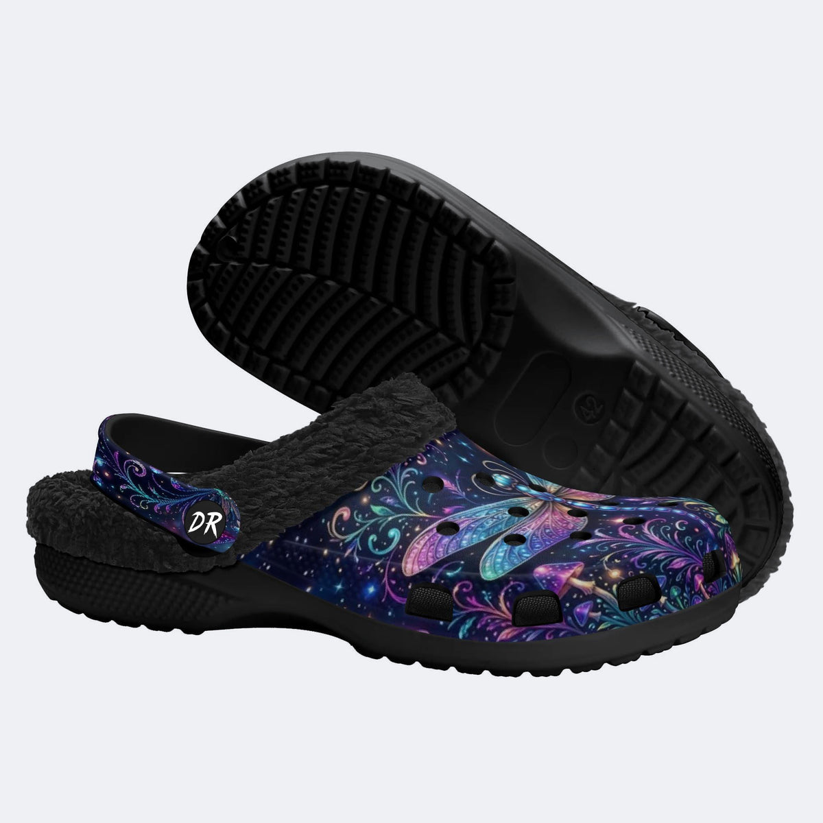 Psychedelic Mushroom Dragonfly Print Fleece-Lined Clogs