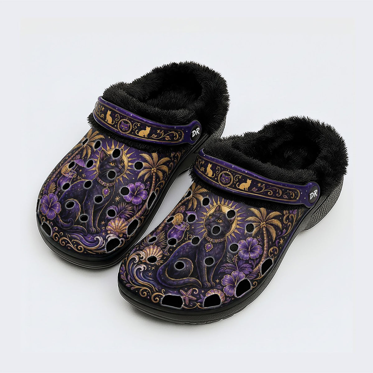 Celestial Black Cat Tropical Print Clogs