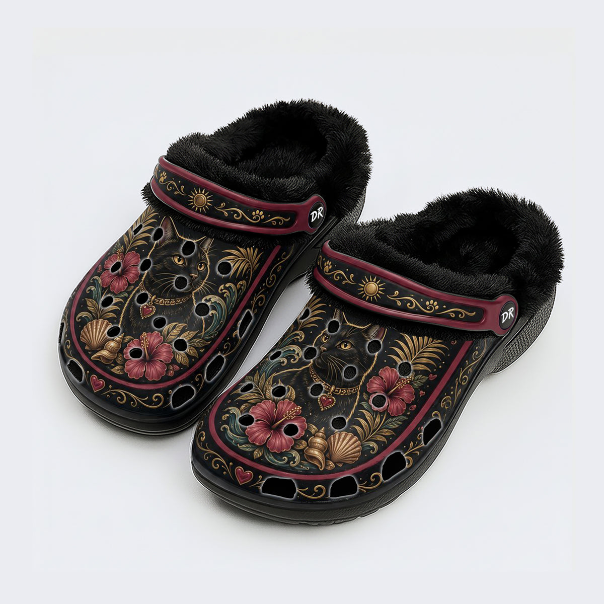 Romantic Black Cat Hibiscus Print Clogs