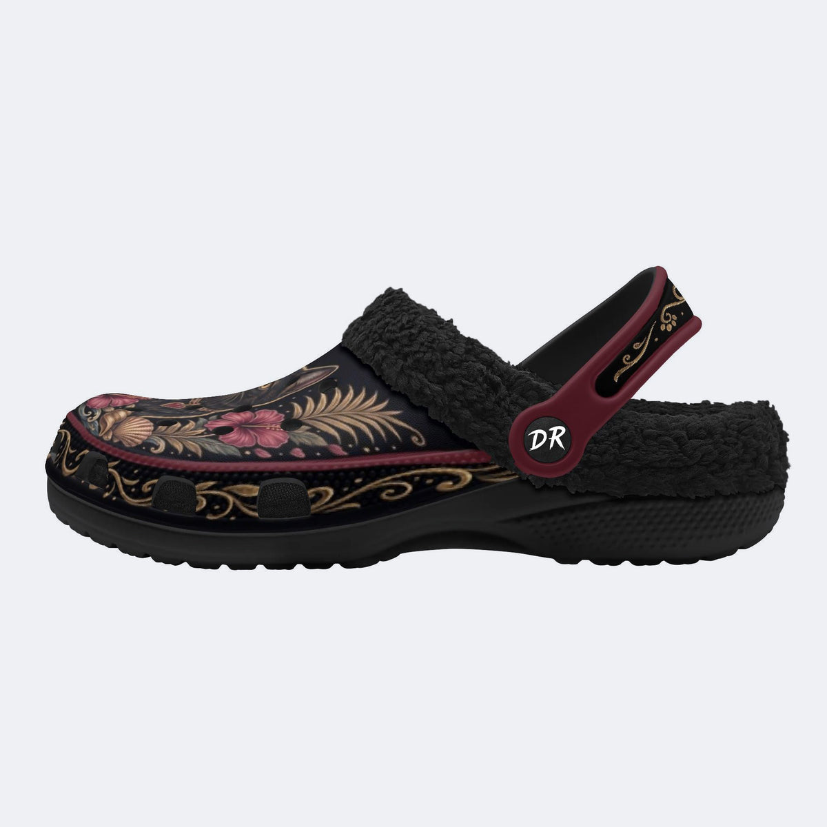 Romantic Black Cat Hibiscus Print Clogs