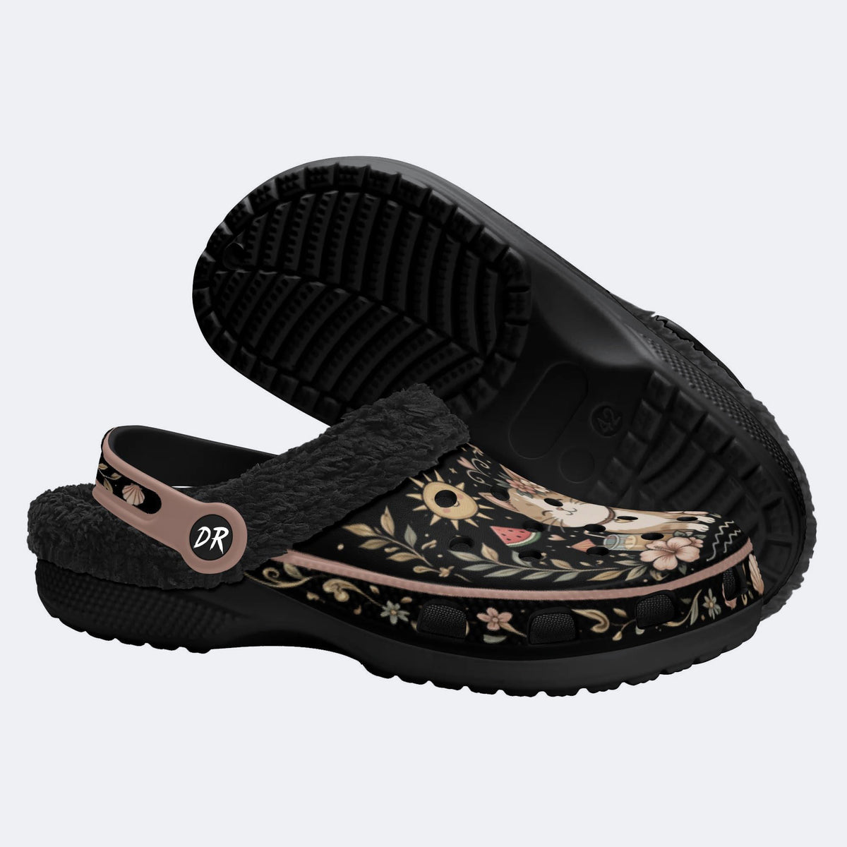 Sunny Cat Coastal Floral Print Fleece-Lined Clogs
