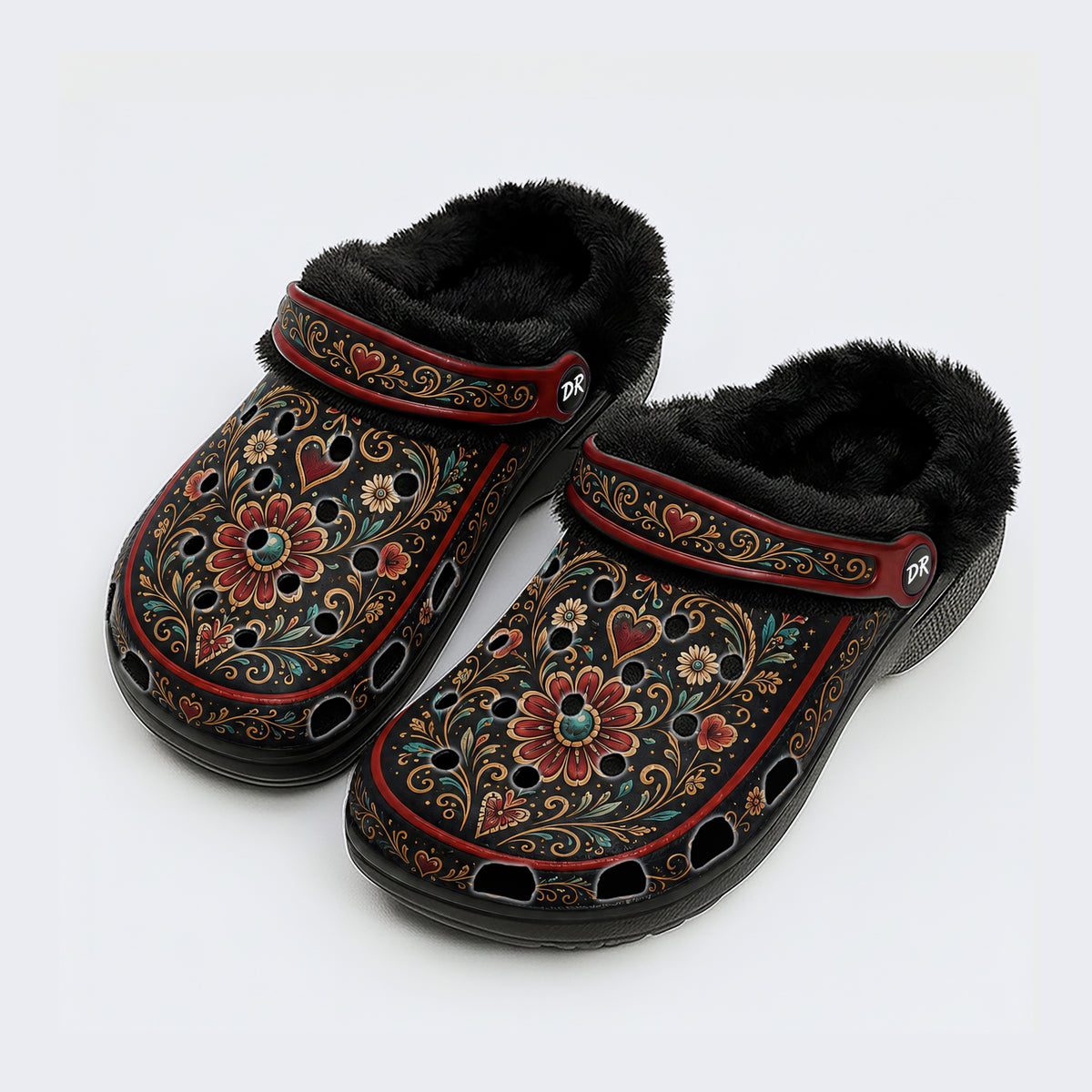 Ornate Floral Heart Print Fleece-Lined Clogs