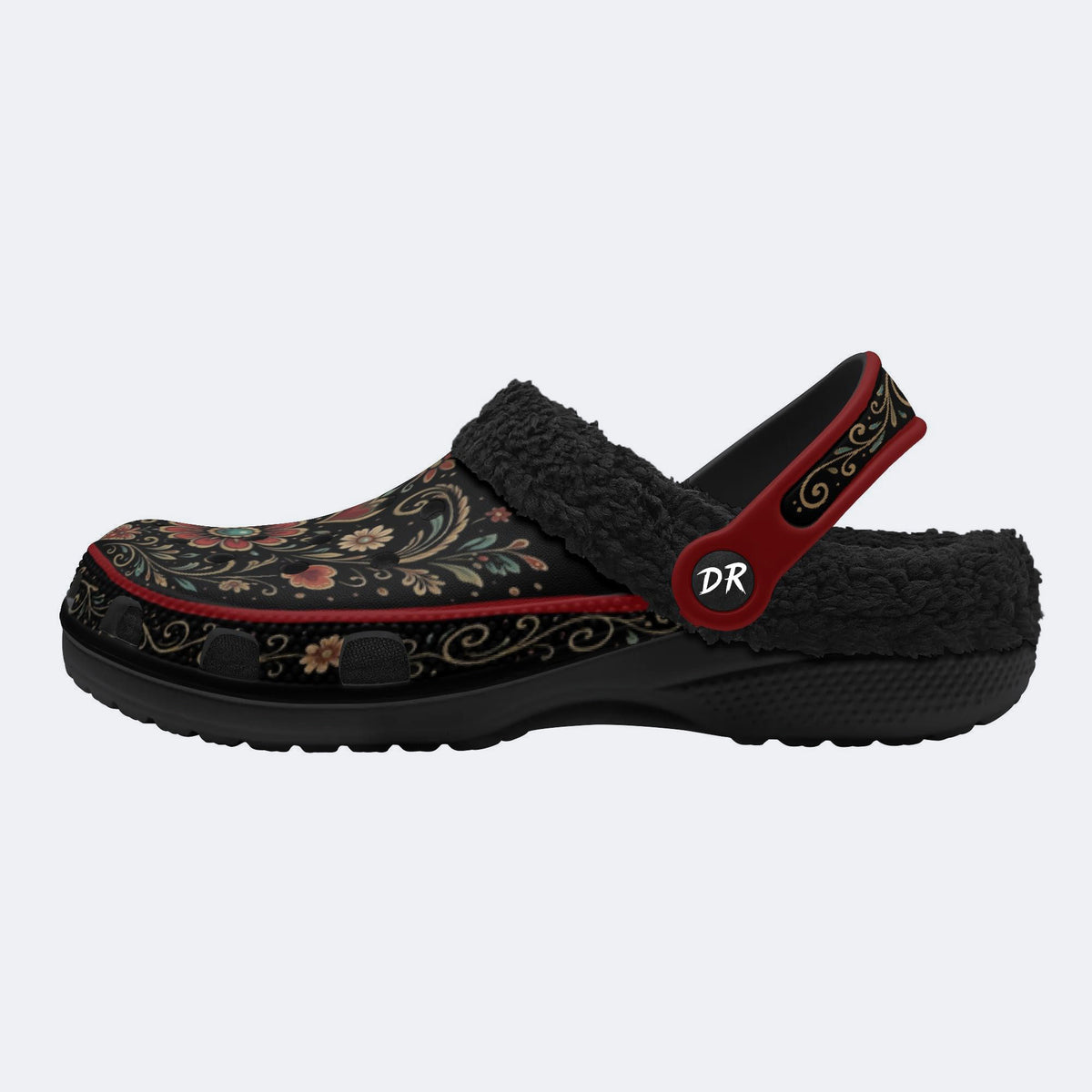 Ornate Floral Heart Print Fleece-Lined Clogs