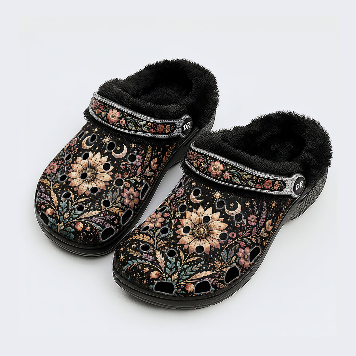 Ornate Celestial Floral Print Fleece-Lined Clogs