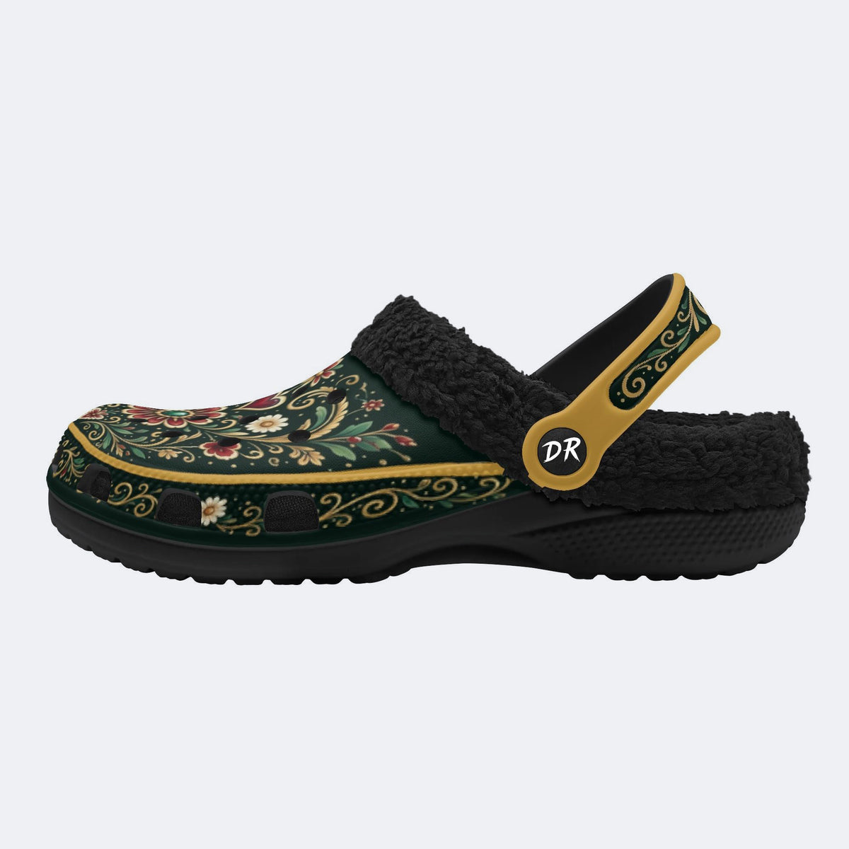 Ornate Floral Heart Print Fleece-Lined Clogs