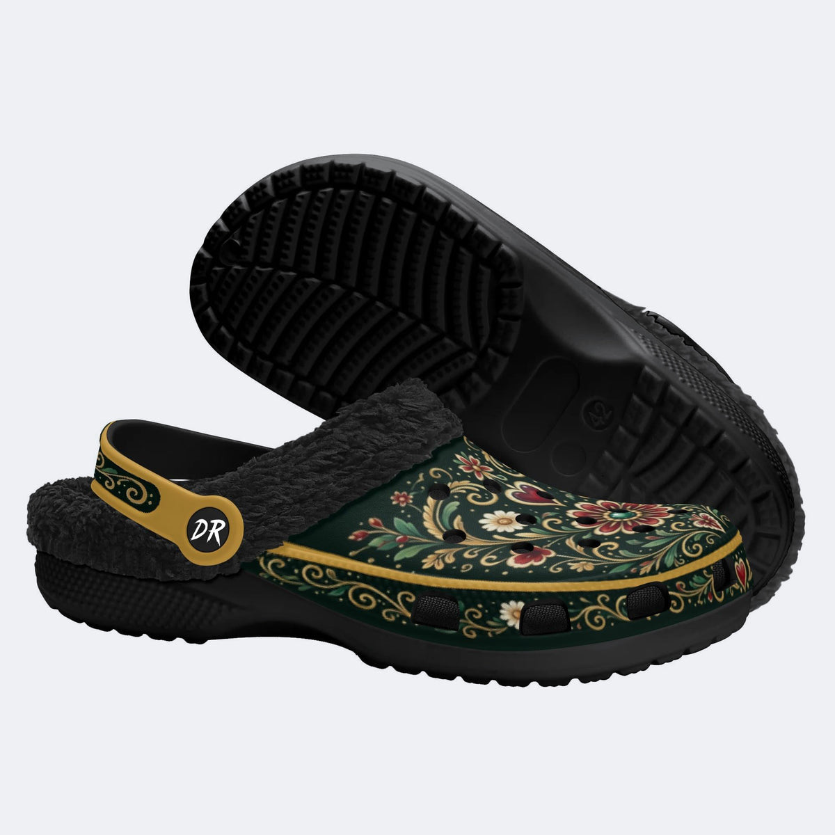Ornate Floral Heart Print Fleece-Lined Clogs