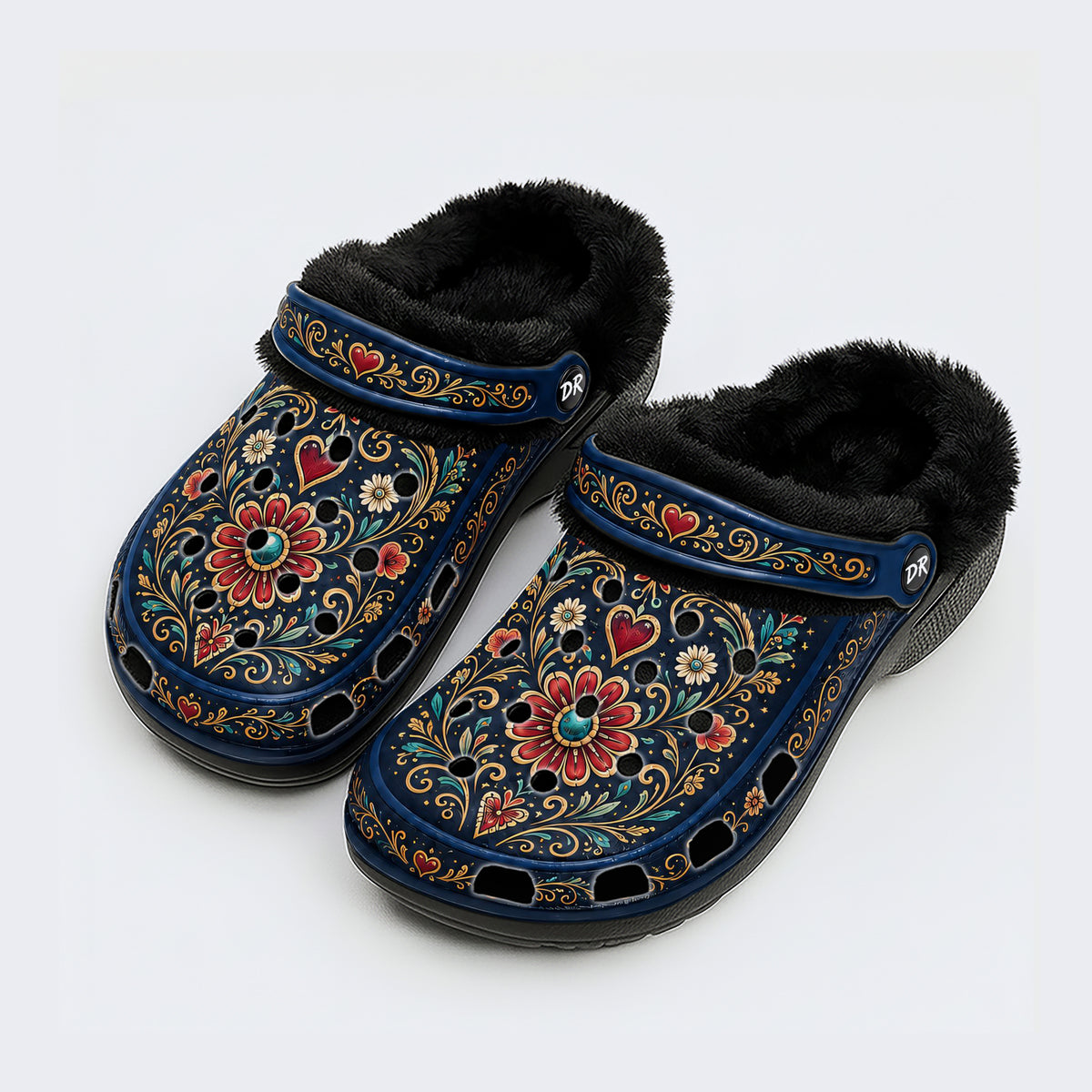 Ornate Floral Heart Print Fleece-Lined Clogs
