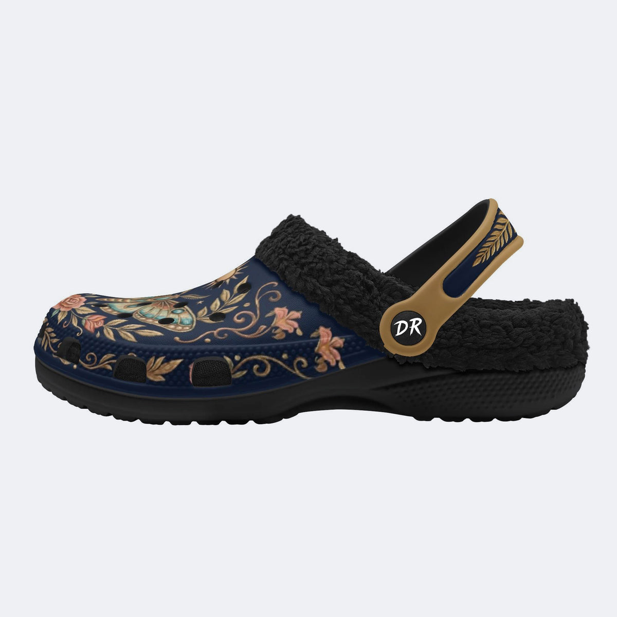 Vintage Moth Rose Print Fleece-Lined Clogs