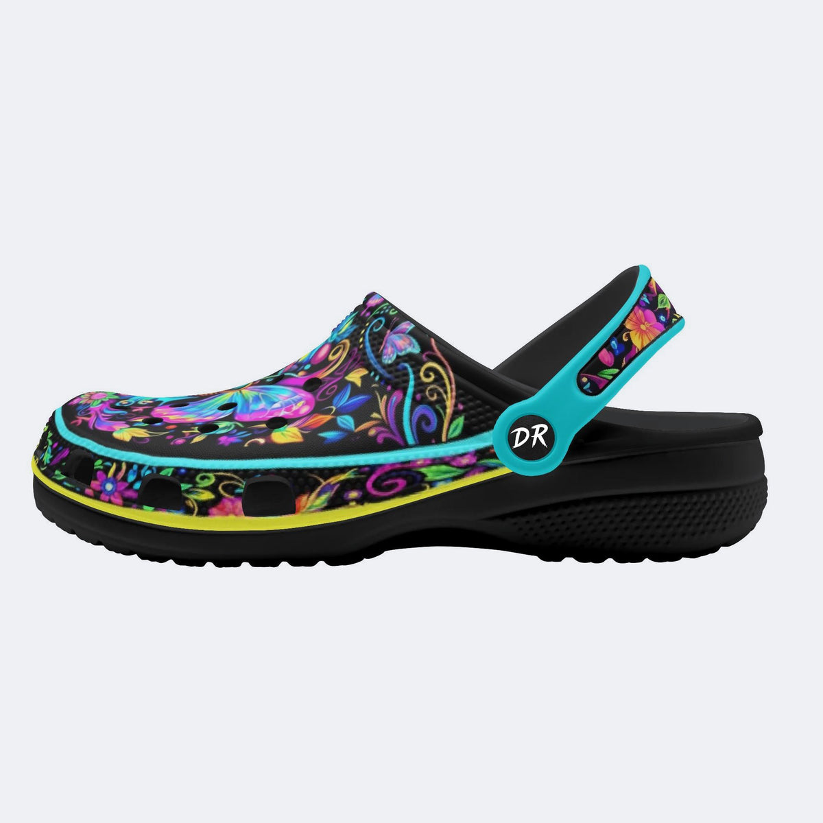Hyper-Fluorescent psychedelic Butterfly Wreath Print Fleece-Lined Clogs