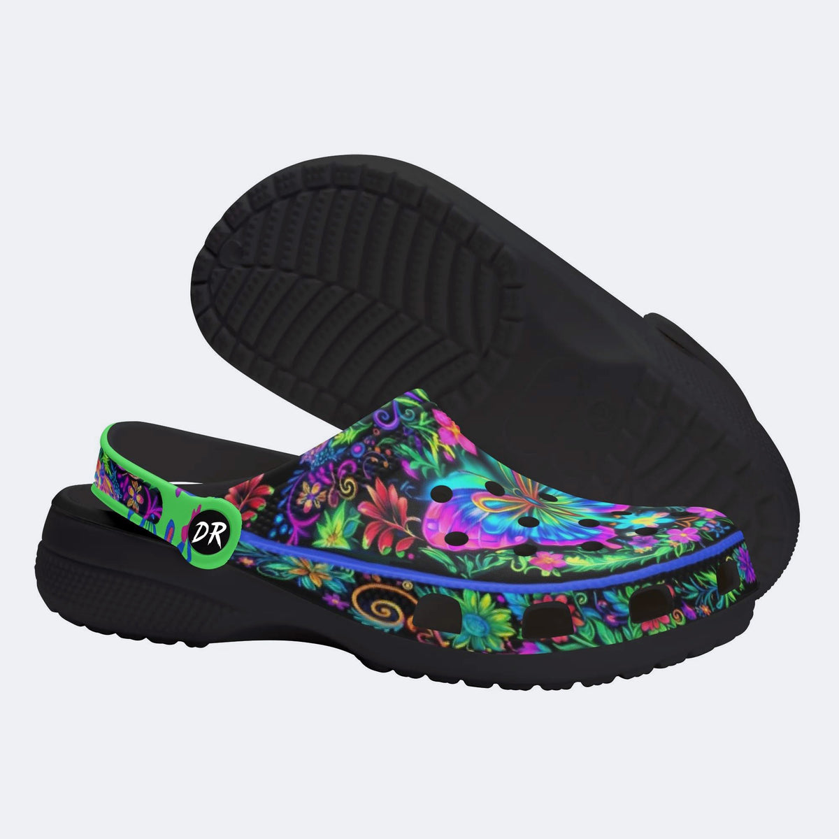 Hyper-Fluorescent psychedelic Butterfly Wreath Print Fleece-Lined Clogs
