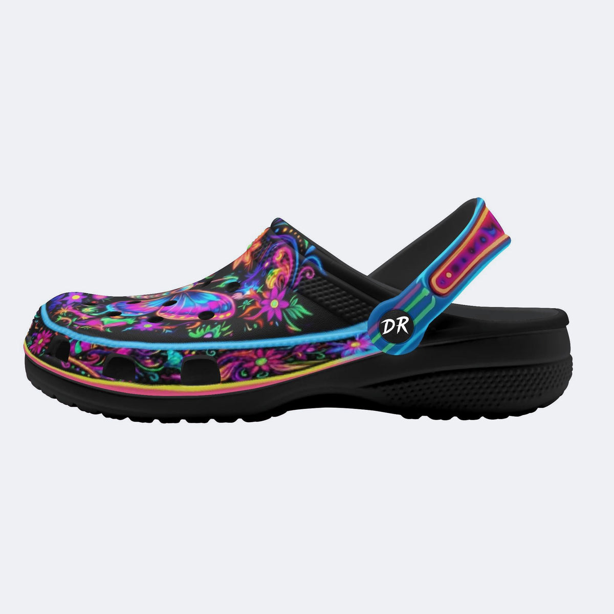 Hyper-Fluorescent psychedelic Butterfly Wreath Print Fleece-Lined Clogs