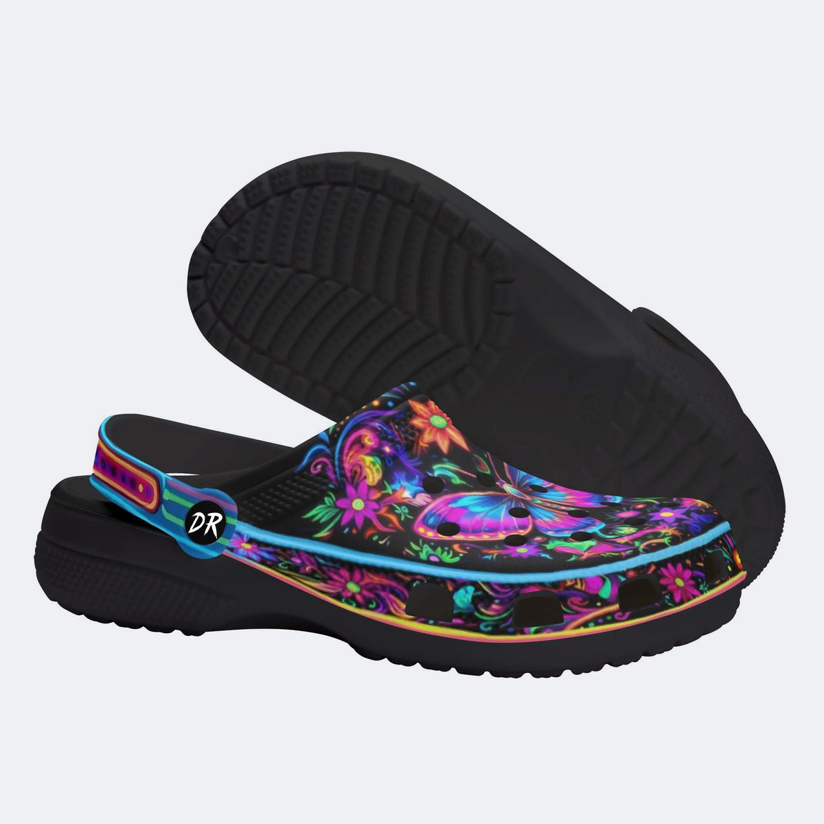 Hyper-Fluorescent psychedelic Butterfly Wreath Print Fleece-Lined Clogs