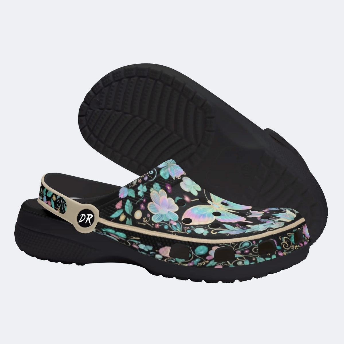 Iridescent Psychedelic Butterfly Wreath Print Fleece-Lined Clogs