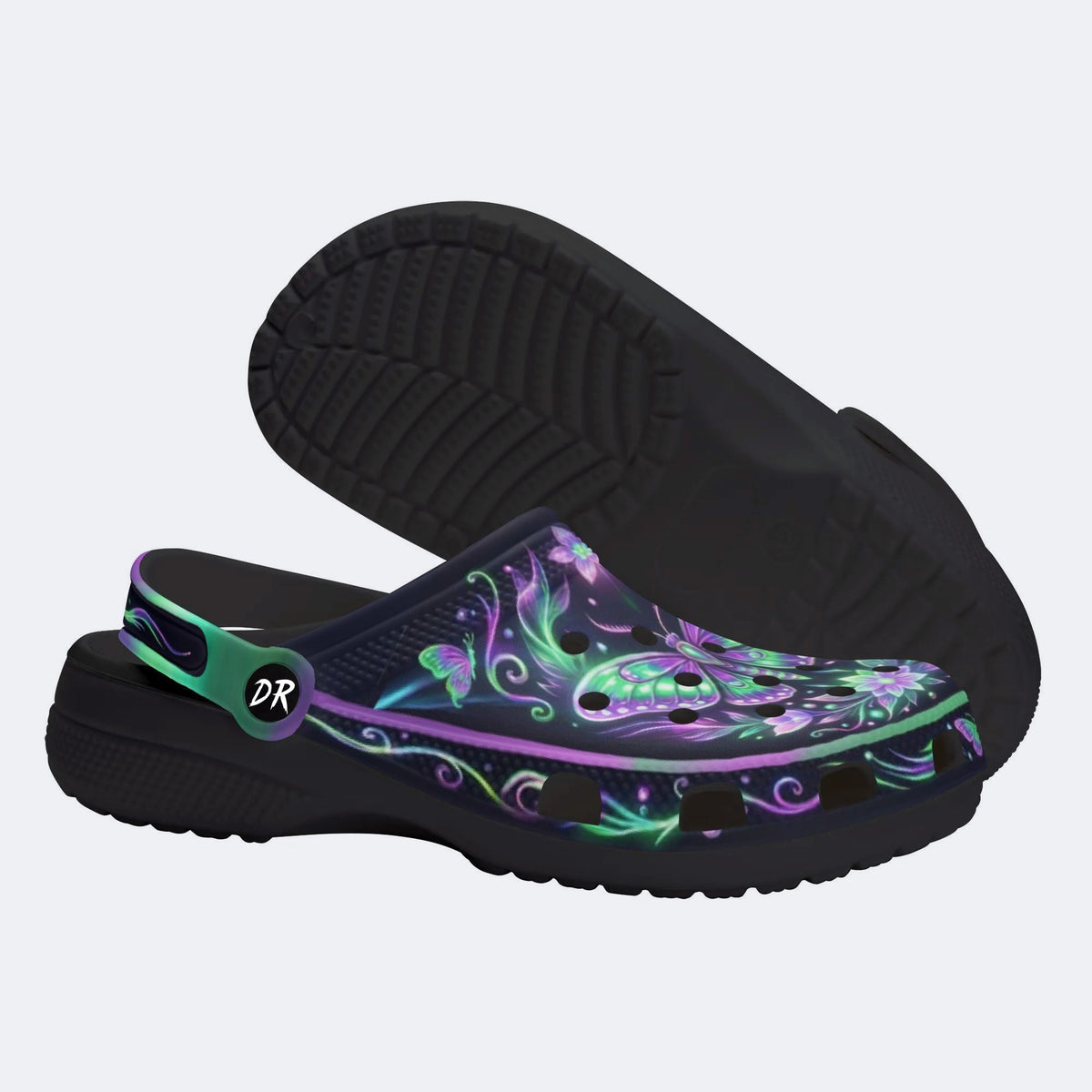 Dark Night Iridescent Moth Flowers Print Clogs