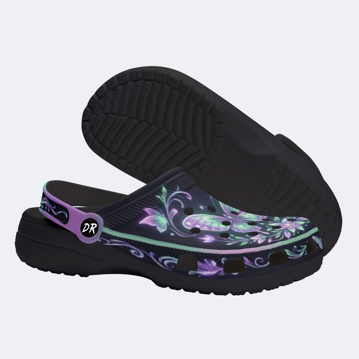 Night-lit Fluorescent Butterfly Vine Print Fleece-Lined Clogs