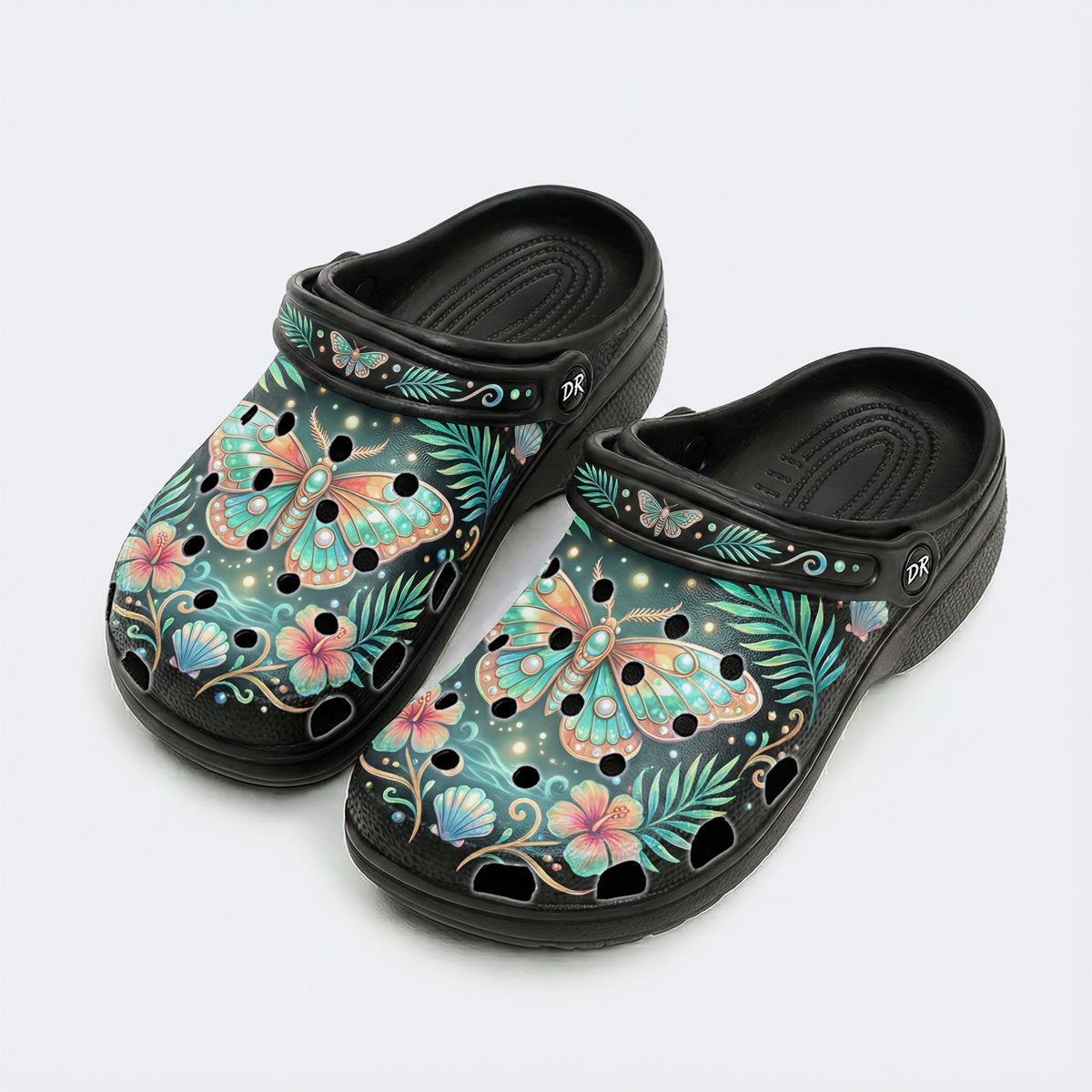 Underwater Fluorescent Moth Shell Wreath Print Fleece-Lined Clogs