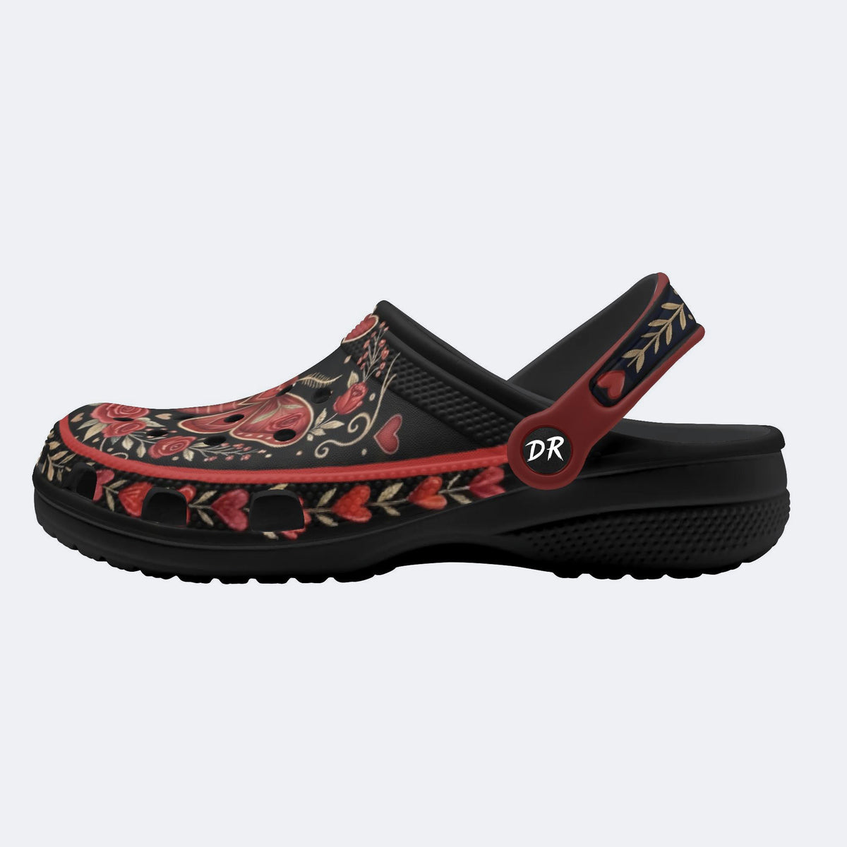 Red Rose Wreath Moth Print Clogs