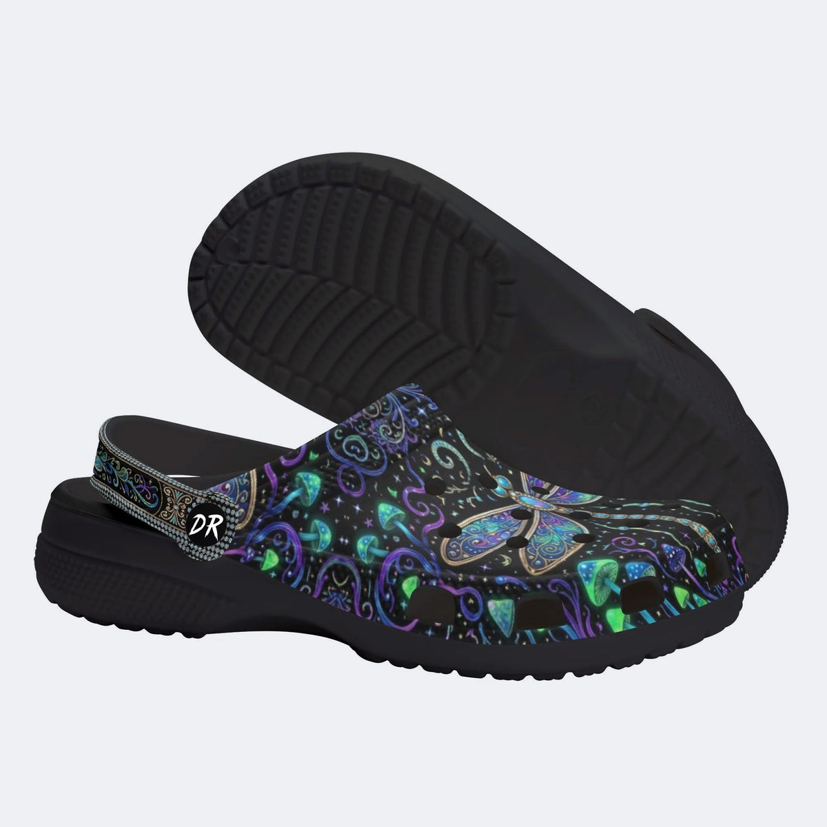 Psychedelic Jeweled Dragonfly Print Fleece-Lined Clogs