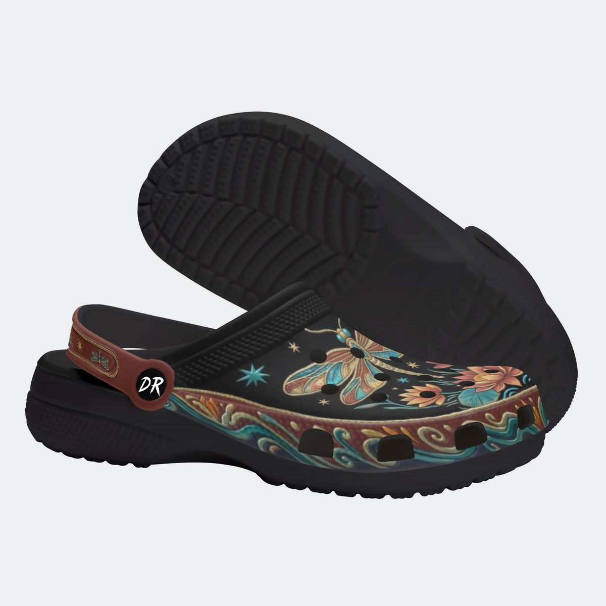 Vintage Dragonfly Flowers Print Fleece-Lined Clogs