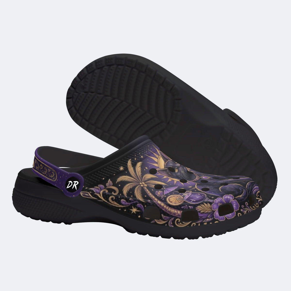 Celestial Black Cat Tropical Print Clogs