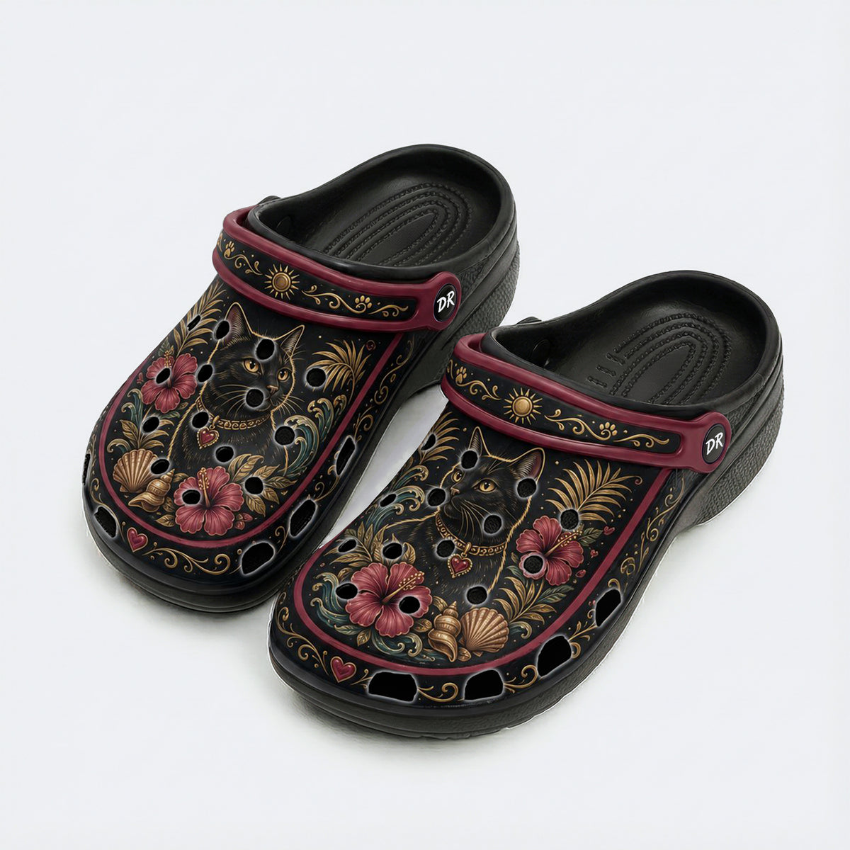 Romantic Black Cat Hibiscus Print Clogs
